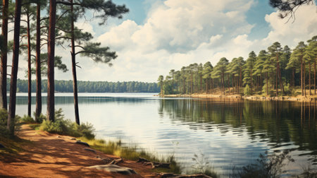 a path leading to a serene water body, embraced by majestic pine trees, captured in a realistic hyper-detailed rendering. this painterly style photograph, reminiscent of dutch landscapes, showcases the exquisite beauty of nature. rendered in maya using vray tracing, this national geographic-worthy image immerses viewers in a tranquil and captivating scene. ai generatedの素材