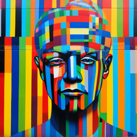 an abstract artwork featuring the head of a man adorned with vibrant paint splatters. this piece draws inspiration from various sources such as the styles of felipe pantone, etam cru, traditional african art, horizontal stripes, street art characters, benin art, and the young british artists (ybas). ai generatedの素材