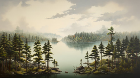 the painting depicts a serene scene of trees and a lake in the background, created in the style of hyperrealistic illustrations. the sublime wilderness is captured through a muted color palette, while the 8k resolution enhances the intricate details. the artwork also showcases elements of folk art, with secluded settings and a smokey background adding to its allure. ai generatedの素材
