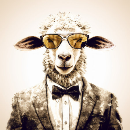 a ram in a suit with sunglasses is wearing an illustrated item in a solarization effect style. the illustration features light white and brown tones, showcasing a mix of animals and people. it incorporates celebrity and pop culture references with explosive pigmentation. the artwork also draws inspiration from mono-ha and cross processing techniques. ai generatedの素材