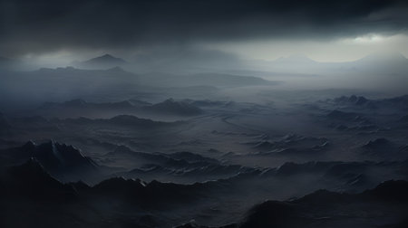 aerial view of the misty arabian desert, blanketed in a dark shroud of mist. the expansive landscape is dominated by black sand, evoking an eerie and mysterious ambiance. ai generatedの素材