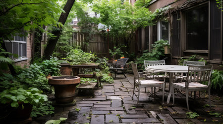 a home in new york town featuring a covered patio, showcasing the urban culture exploration style. the photo captures highly detailed foliage, tabletop photography, distressed and weathered surfaces, and tranquil gardenscapes. the somber mood and east village art elements add to the overall aesthetic of the image. ai generatedの素材