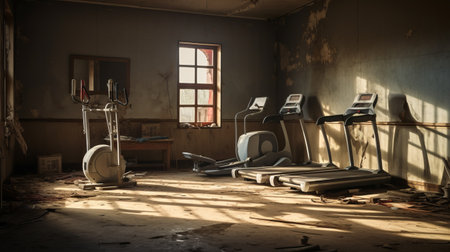 the old gym room is transformed into a captivating visual art project, showcasing abandoned gym aesthetics with a touch of golden light. shot on fujifilm pro 800z, the post-apocalyptic imagery captures the essence of the space. the uhd image highlights rustic still lifes and incorporates the unique concept of medicalcore, while tastefully utilizing negative space. ai generatedの素材