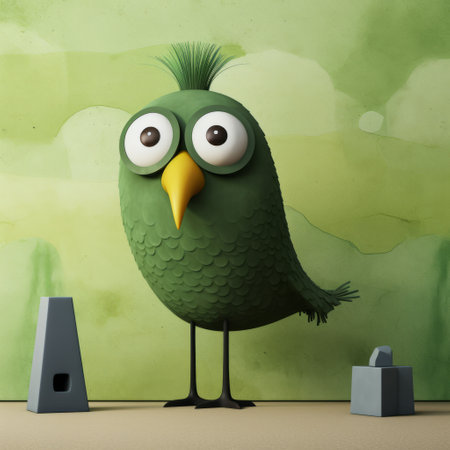 a close-up shot of a green bird figurine wall decal with painted eyes on its head. this unique piece is inspired by the artistic styles of evgeni gordiets, clemens ascher, didier lourenco, concrete, inventive character designs, spiky mounds. ai generatedの素材