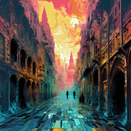 a person on the streets is captured in this mesmerizing artwork, showcasing street paintings and painting downloads. the piece is created in the style of an apocalypse landscape, with psychedelic illustrations. the color palette features a combination of light maroon and dark azure, adding depth to the richly detailed art nouveau elements. the artwork also showcases dazzling cityscapes, incorporating elements of barroco and creating aの素材