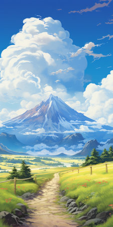 a cloudy background is viewed on a hillside, featuring mountainous vistas in the style of anime art. this hyper-detailed illustration showcases the beauty of adventure-themed landscapes. with 32k uhd resolution, the detailed character illustrations truly come to life. ai generatedの素材