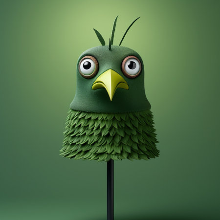 a green bird perches on a wooden post, both sharing the same vibrant shade of green. this unique artwork, created using cinema4d, showcases edgy caricatures by igor kieryluk. the bird's fine feather details and strong facial expression add depth to the piece. with toy-like proportions and influences from industrial and product design, this image is a captivating blend of creativity and craftsmanship. ai generatedの素材