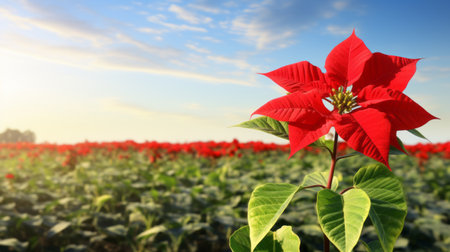 golden poinsettia flower with a rainbow in the background, captured in a realistic blue sky setting. this vibrant photo showcases the beauty of rural life, featuring a red matte finish. taken with a topcor 58mm f14 lens, the image evokes the artistic style of george inness. ai generatedの素材