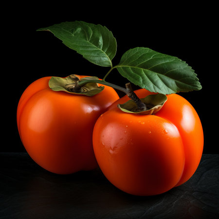 fresh red persimmons, one resembling an umbrella and another adorned with a green flower, captured against a black background. this kitchen still life, inspired by the style of pontormo, showcases the raw beauty and vulnerability of these fruits. with a low depth of field, the contrasting colors of dark white and light orange create a visually striking composition. ai generatedの素材