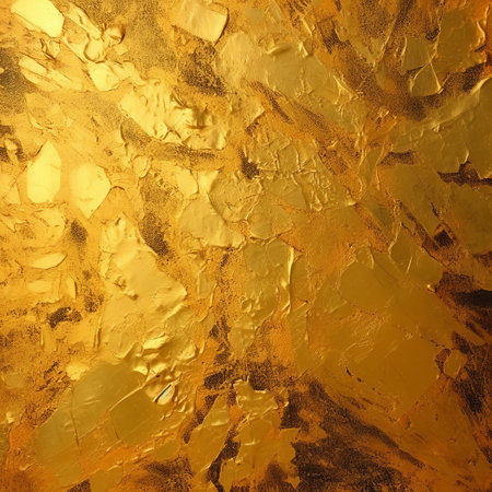 a vibrant gold background serves as the canvas for a captivating painting featuring bold strokes of brown and red paint. the artwork showcases a unique blend of harsh palette knife work and embossed gold leaf, resulting in a mesmerizing monochrome composition. this oil painting on copper embodies the essence of impressionist landscapes, skillfully capturing the beauty of mundane materials transformed into art. ai generatedの素材