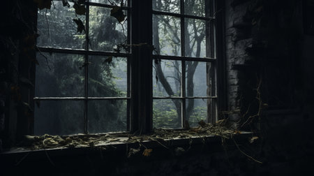 an abandoned building with a window revealing a dark sky on a foggy night. the highly detailed foliage and tangled nests create a romanticized landscape vista. dusty piles add to the play of light and shade, while the dark green hues enhance the mysterious atmosphere of the scene. ai generatedの素材