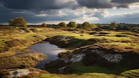 hills with a stream and stormy sky in the background, captured in the style of suffolk coast views. this landscape photograph, taken with a hasselblad h6d-400c, showcases intense lighting and shadow, while highlighting eco-friendly craftsmanship. the highly polished surfaces and naturalistic renderings create evocative textures, adding depth to the image. ai generatedの素材