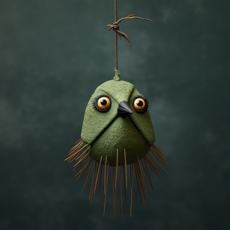a green bird perches on a wooden plank adorned with nails, showcasing a surreal and emotive character study. rendered in cinema4d, this unique artwork combines spiky mounds and object portraiture. created by a specialist in using trash as materials, this piece embodies the essence of pigeoncore. ai generatedの素材