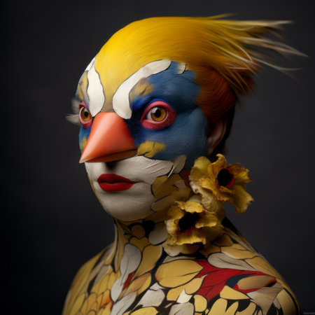 a woman with a painted face and a large crow perched on her head is captured in this intriguing photograph. the style of the image combines dark yellow and light azure tones, reminiscent of the flower power era. this zbrush artwork showcases the artist's acrobatic self-portraits, featuring intricate body-painting and sculpture-based photography. ai generatedの素材