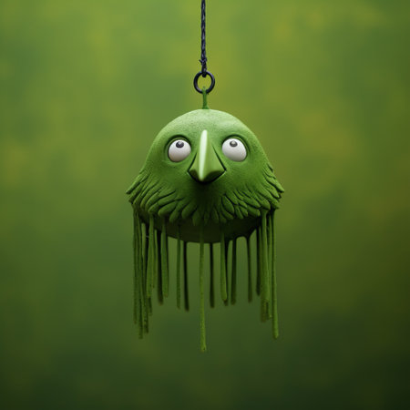 a close-up shot of a hanging mobile featuring a green bird figurine with painted eyes on its head. the mobile is designed in the style of evgeni gordiets, clemens ascher, didier lourenco, concrete, inventive character designs, and spiky mounds. ai generatedの素材