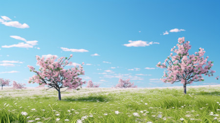 pink trees with daisies at their base create a photorealistic rendering in this sky-blue, uhd image. the anime-inspired, pastoral landscape showcases a soft-focus and hyperrealistic rendering. ai generatedの素材
