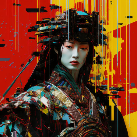 the photo showcases the work of jr shouwen, an author and digital illustrator known for their unique style of glitch art, geisha portraits, and mixed media marvels. the image is a high-definition, multi-layered composition with symbolic and vibrant elements, reminiscent of the shang dynasty. ai generatedの素材
