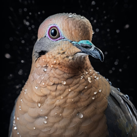 a bird swooping in mid-air against a black background, with raindrops glistening on its feathers. this hyper-detailed portrait, captured by polixeni papapetrou, showcases the bird's light brown and azure plumage. the close-up shot highlights the delicacy of touch in this mesmerizing image, reminiscent of the artistic styles of pigeoncore and sopheap pich. ai generatedの素材