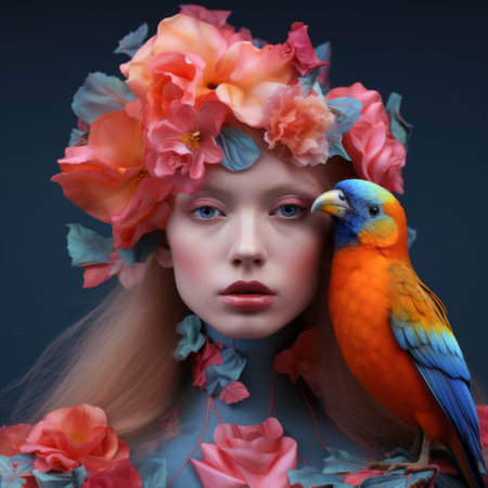 a woman with painted faces holds a colorful parrot in this ethereal portraiture photo. the daz3d style showcases the vibrant colors of the bird and the intricate details of the woman's face paint. the composition features elements of birds, flowers, and a color palette of light orange and dark azure. the matte finish and rich layering add depth to the overall beauty of the image.の素材