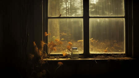 a jar sits atop a bed of dry grasses, reminiscent of the atmospheric woodland imagery found in windows vista. the light amber hues add to the cabincore aesthetic, creating a hauntingly beautiful narrative. this national geographic photo captures the essence of inclement weather, merging nature and art in a mesmerizing composition. ai generatedの素材