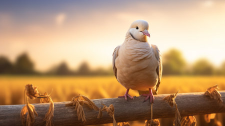 a white dove gracefully walks along a fence during a breathtaking sunset. the photo captures the essence of rural life, with its colorized style of light magenta and light brown. this stunning image, reminiscent of aurorapunk, showcases the beauty of nature and is a punctuated caricature of the peaceful coexistence between wildlife and the countryside. a true gem worthy of national geographic. ai generatedの素材