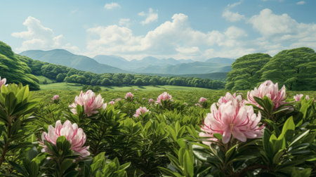 purple flowers bloom in a vibrant green field, surrounded by majestic mountains. this stunning photo captures the beauty of nature in photorealistic renderings, reminiscent of the works of salvator rosa. inspired by the heian period, this national geographic photo is rendered using unreal engine, showcasing a harmonious blend of pink and green. the scene exudes a sense of tranquility, reminiscent of the artistry of fernandoの素材
