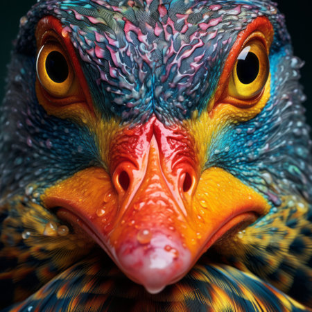 a close-up of a colorful bird with droplets on its face, captured in the style of realistic hyper-detailed portraits. this duckcore photo, reminiscent of national geographic's stunning shots, showcases a pattern explosion of vibrant hues. the playful absurdity of the image is enhanced by the tupinipunk elements, with a mesmerizing combination of dark blue and amber tones. ai generatedの素材