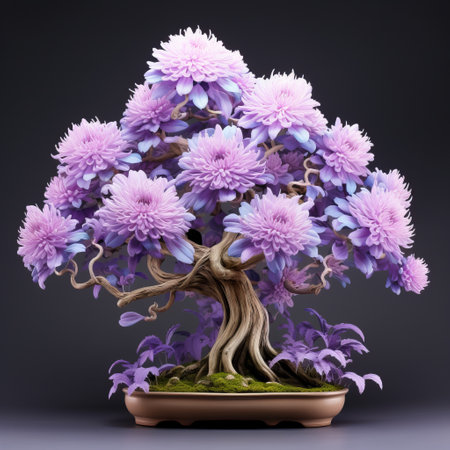 a purple blooming tree stands out in this julian blue ipad wallpaper. the 3d illustration captures the essence of japanese folklore-inspired art with its organic sculpting and intricate foliage. the realistic still-life showcases miniature sculptures and colorful arrangements. this stunning image was captured using the sony alpha a1. ai generatedの素材