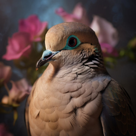 a blue-eyed bird stands gracefully amidst a vibrant array of flowers. this stunning artwork, created in the style of zbrush, showcases meticulous post-processing techniques. the color palette combines light brown and magenta, adding depth and richness to the composition. inspired by pigeoncore and hyperrealistic wildlife portraits, this piece captures the essence of nature's beauty. reminiscent of michelangelo's masterpieces, it is a testament to the artist'sの素材