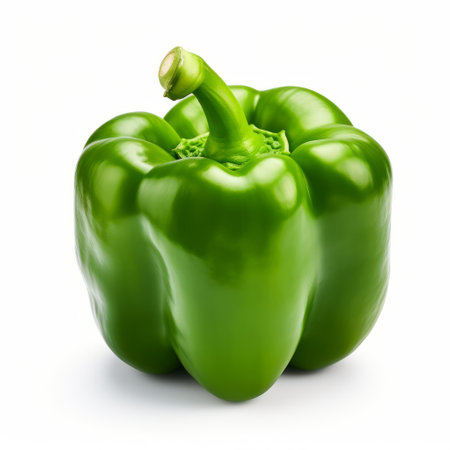 green pepper isolated on a white background. this color image showcases a realistic chiaroscuro style, with a tilt-shift effect adding depth. the hyper-realistic representation captures the essence of the pepper. inspired by the clean-lined designs of nacho carbonell, this ultra-realistic uhd image is visually stunning. ai generatedの素材