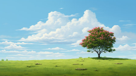 a tall tree stands proudly atop a lush green hill, offering a breathtaking view of the serene blue water. this digital painting, inspired by animecore and created in a resolution of 3840x2160, captures the pastoral charm reminiscent of arthur sarnoff's work. the traditional animation style beautifully blends with the atmospheric clouds, creating a captivating scene. ai generatedの素材