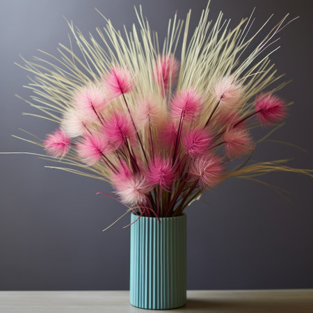 a vase with three pink and white plants, showcasing attention to fur and feathers texture. the spiky mounds create a realistic still life with dramatic lighting. the combination of dark pink and light azure adds a vibrant touch to the tabletop photography. the striped arrangements and selective focus enhance the visual appeal of the composition. ai generatedの素材