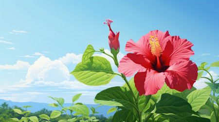 the photo showcases a vibrant display of blooming flowers, reminiscent of tropical landscapes. the realistic hyper-detailed rendering captures the intricate beauty of the light red and sky-blue petals. the lush landscape backgrounds add depth to the composition, while the high-contrast shading enhances the visual impact. this artwork by david ligare exudes a storybook illustration quality. ai generatedの素材