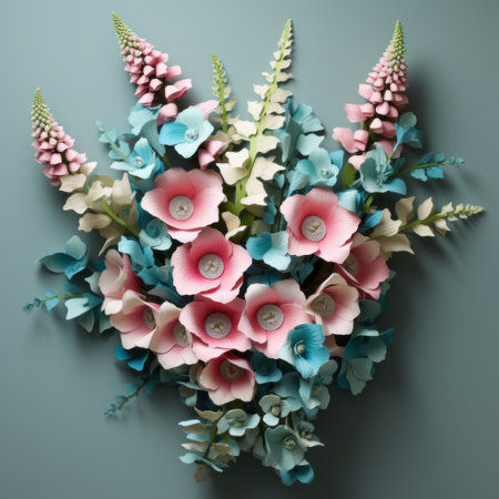 a floral bouquet made of paper flowers is depicted in this 3d illustration. the bouquet is created in the style of light aquamarine and pink, resembling sculptural ceramics. inspired by nature, this installation showcases the dramatic use of color. it reflects elements of the goosepunk and american studio craft movement, resulting in a nature-inspired masterpiece. ai generatedの素材