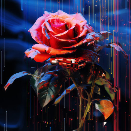 a high-definition rose graphic art desktop wallpaper featuring surreal cyberpunk iconography. this 8k resolution wallpaper showcases a conceptual collage with elements of romantic illustration, glitch art, drip painting, and machine aesthetics. ai generatedの素材