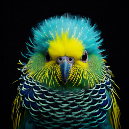 a close-up photo of a bird with white feathers and blue, in the style of dark turquoise and yellow. this bold and colorful portrait by mike campau showcases the technique of focus stacking. the vibrant colors of light emerald and yellow create a visually striking image. inspired by alejandro jodorowsky, this grid-based composition adds an intriguing element to the photograph. ai generatedの素材