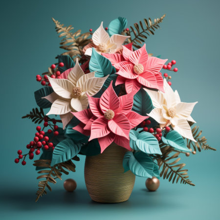 a vase filled with a vibrant arrangement of white, pink, and green poinsettia flowers sits on a smooth green surface. the flowers resemble delicate paper sculptures, adding an artistic touch to the scene. the color palette includes light red and azure tones, creating a moody atmosphere. this visually striking image showcases bold color combinations, with hints of dark turquoise and light cyan. ai generatedの素材