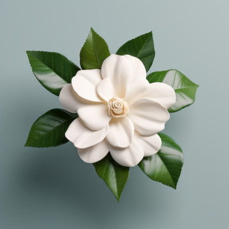 a white flower in a vase stands out against a vibrant blue background in this highly detailed image. the 3d effect adds depth to the intricate foliage, while the environmental awareness theme is evident. the use of ferrania p30 film enhances the delicate touch and brings out the dark emerald tones. this artwork is reminiscent of the gongbi style. ai generatedの素材