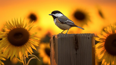 a black and white bird sits on a wooden post amidst a vibrant field of sunflowers. the photograph captures the essence of nature with its light red and light amber tones, showcasing the beauty of the yellow and beige sunflowers. the naturalistic shadows add depth to the image, while the purple and amber bokeh creates a dreamy atmosphere. this stunning photo is a visual treatの素材
