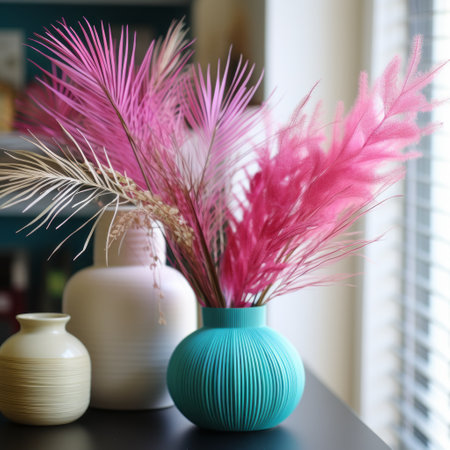 pink and blue vases, with fine feather details, are placed on a table near a window. the vibrant turquoise hues, captured by the panasonic lumix s pro 50mm f14 lens, add a tropical touch. the vases' layered fibers and symmetrical arrangements create an intriguing visual appeal, complemented by the contrasting shades of dark pink and beige. ai generatedの素材