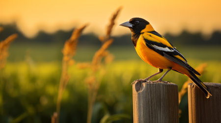 a vibrant red and yellow bird perches gracefully on a rustic wooden fence, creating a striking contrast against the light orange and dark black background. this prairiecore-inspired photograph, captured with the use of provia film, showcases the beauty of rural america. the composition evokes a sense of majesty, reminiscent of the works of artists such as daniel ridgway knight and tyler walpole. ai generatedの素材