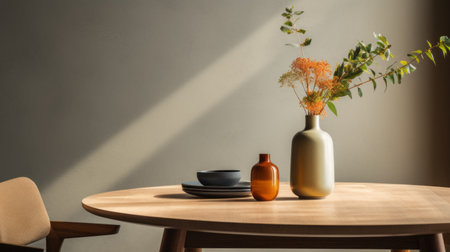 a wooden table adorned with two vases, two chairs, and a pot. the photo showcases soft tonal transitions, with hints of light orange and light amber. the style reflects japanese minimalism, with a touch of moody lighting. the earthy color palettes and focus on materials create a serene ambiance, while the soft and rounded forms add a gentle touch. ai generatedの素材