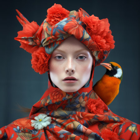 a woman in a floral dress poses for a portrait, with a bird perched on her shoulder. the photograph is captured in the style of dark orange and red tones, reminiscent of the dusseldorf school of photography. this national geographic photo showcases fanciful creatures in a close-up, all-over composition. ai generatedの素材