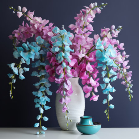 a vibrant floral arrangement featuring pink, blue, and purple flowers is displayed in a small vase alongside a teapot. this stunning arrangement combines elements of daz3d, japanese minimalism, and chinese tradition. the color gradient, turquoise and white hues, and the use of paper, beads, and yarn add a unique touch to this visually captivating composition. ai generatedの素材