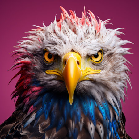 a bald eagle, in the style of zbrush, stands out against a vibrant pink background. this national geographic photo showcases colorful and eye-catching compositions. the jagged edges of the eagle's form, resembling liquid metal, add a touch of unreal beauty. ai generatedの素材