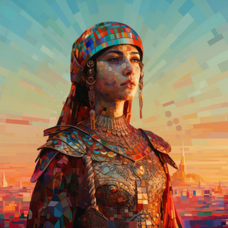 a woman wearing a fantasy costume is depicted in this pixelated realism style image. the artwork draws inspiration from colorful moebius illustrations, contemporary middle eastern and north african art, and dazzling cityscapes. the close-up composition showcases the intricate details created by the hard-edge painter, reminiscent of aztec art. ai generatedの素材