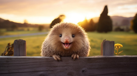 a small hedgehog perches on a wooden fence, showcasing its lively and playful facial expressions. rendered in cinema4d, this national geographic-style photo captures the essence of rural life. bathed in golden light, the hedgehog's shiny eyes add a touch of charm to this delightful image. ai generatedの素材