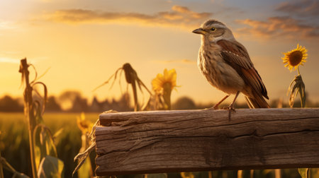 a brown bird perches gracefully on a rustic wooden beam, captured in stunning backlit photography. the image showcases emotive fields of color, while the 8k resolution brings out every intricate detail. this photograph beautifully romanticizes the simplicity of country life, blending realism with enchanting fantasy elements. a captivating masterpiece worthy of national geographic's acclaim. ai generatedの素材