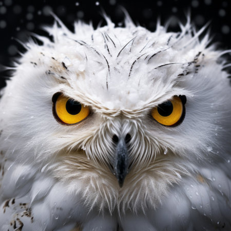 an owl, captured in a striking digital illustration, stands proudly in a snowy landscape. this epic portrait showcases the expressive face of the owl, while the dark white and yellow color palette adds a touch of drama. the hyper-realistic sci-fi style of the image brings out the explosive wildlife essence, reminiscent of a national geographic photo. ai generatedの素材
