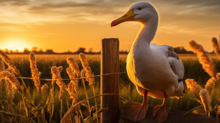 a goose stands in an open field during a sunset, reminiscent of dutch tradition. the image captures the essence of light yellow and white hues, resembling the style of aleksandr deyneka's wimmelbilder. with an 8k resolution, this photograph showcases the beauty of dutch marine scenes and offers intense close-ups. ai generatedの素材